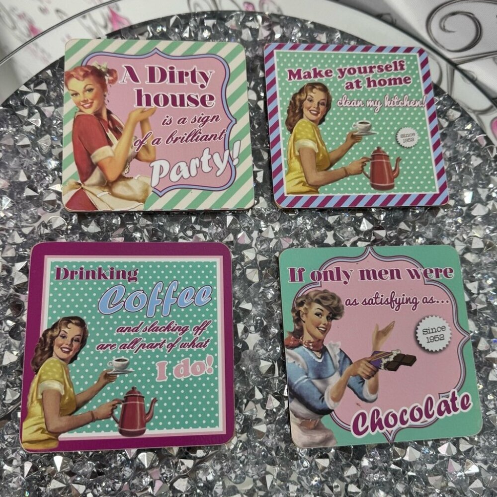4 set coasters funny humour hilarious Retro Home Party Coasters Set - Multicolor